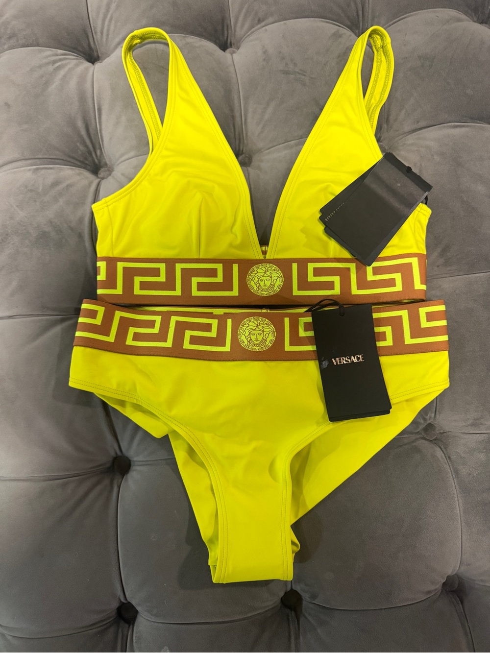 Versace Neon Yellow Greek Key Medusa One-Piece Swimsuit